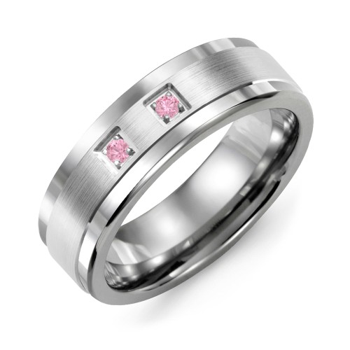 Men's 2-Stone Brushed Ring With Inlay – Tungsten with Pink Tourmaline