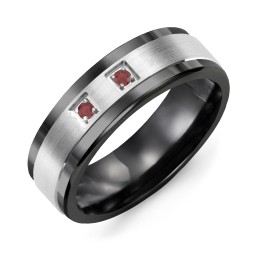 Men's 2-Stone Brushed Ring With Inlay in Ceramic with Garnet