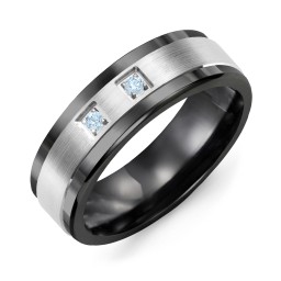 Men's 2-Stone Brushed Ring With Inlay in Ceramic with Aquamarine