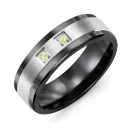 Men's 2-Stone Brushed Ring With Inlay in Ceramic with Peridot