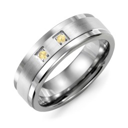 Men's 2-Stone Brushed Ring With Inlay in Tungsten with Citrine