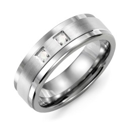 Men's 2-Stone Brushed Ring With Inlay in Tungsten with Opal