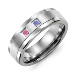 Men's 2-Stone Brushed Ring With Inlay in Tungsten with Ruby and Blue Sapphire