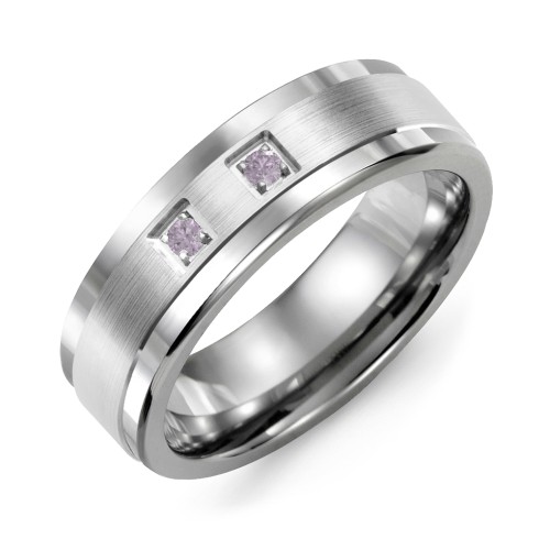 Men's 2-Stone Brushed Ring With Inlay – Tungsten with Alexandrite