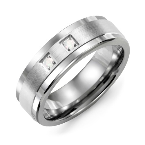 Men's 2-Stone Brushed Ring With Inlay – Tungsten with Opal