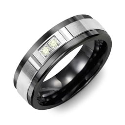 Men's 2-Stone Brushed Ring With Diamond Cut Groove Inlay