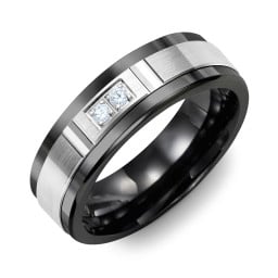 Men's 2-Stone Brushed Ring With Diamond Cut Groove Inlay