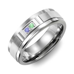 Men's 2-Stone Brushed Ring With Diamond Cut Groove Inlay – Ceramic with Opal