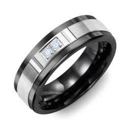 Men's 2-Stone Brushed Ring With Diamond Cut Groove Inlay in Ceramic with Aquamarine