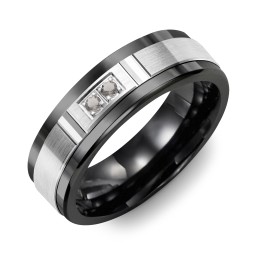 Men's 2-Stone Brushed Ring With Diamond Cut Groove Inlay in Ceramic with Smokey Quartz