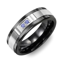Men's 2-Stone Brushed Ring With Diamond Cut Groove Inlay in Ceramic with Blue Sapphire