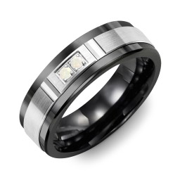 Men's 2-Stone Brushed Ring With Diamond Cut Groove Inlay in Ceramic with Opal