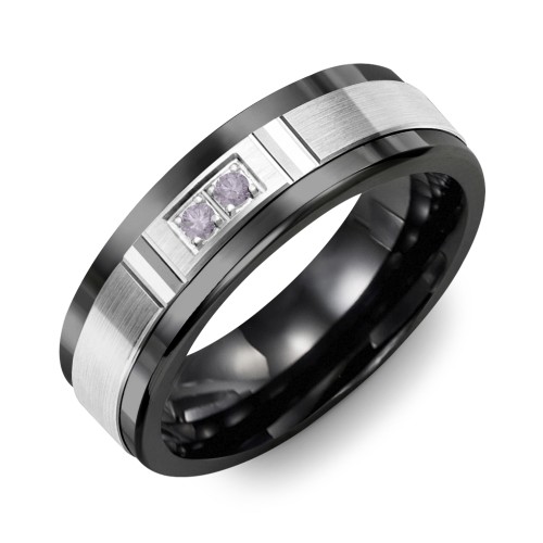 Men's 2-Stone Brushed Ring With Diamond Cut Groove Inlay – Ceramic with Alexandrite
