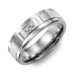 Men's 2-Stone Brushed Ring With Diamond Cut Groove Inlay in Tungsten with Smokey Quartz