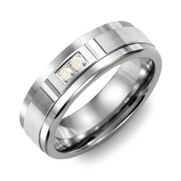 Men's 2-Stone Brushed Ring With Diamond Cut Groove Inlay in Tungsten with Opal
