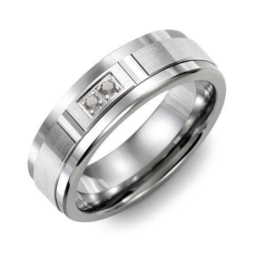 Men's 2-Stone Brushed Ring With Diamond Cut Groove Inlay – Tungsten with Smokey Quartz