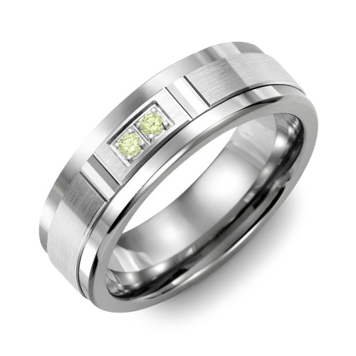 Men's 2-Stone Brushed Ring With Diamond Cut Groove Inlay – Tungsten with Peridot