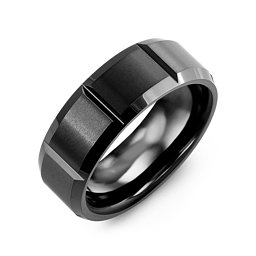 Men's Satin Black Ceramic Ring with Vertical Grooves