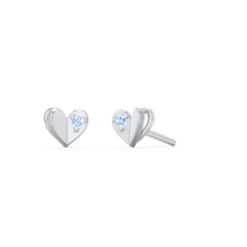 Kids Folded Heart Stud Earrings with Gemstones – Sterling Silver with Fancy Blue Premium Zirconia