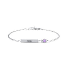 Kids and Baby Engravable Bar Bracelet with Bezel Set Stone in 925 Sterling Silver with Amethyst