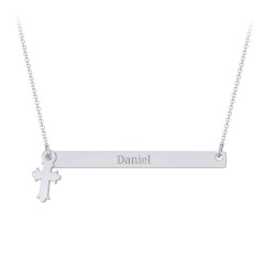 Kids Engravable Bar Necklace with Cross Charm – Sterling Silver