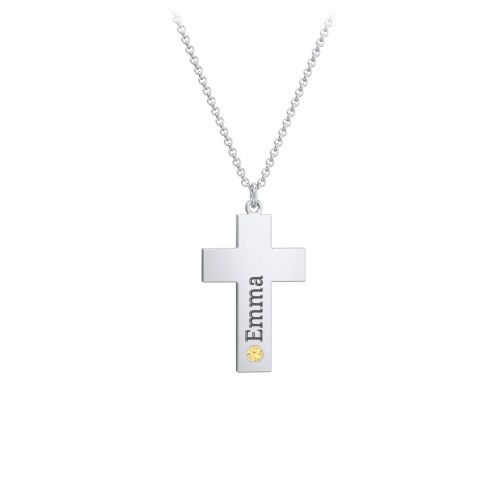 Kids Engravable Birthstone Cross Necklace – Sterling Silver with Citrine