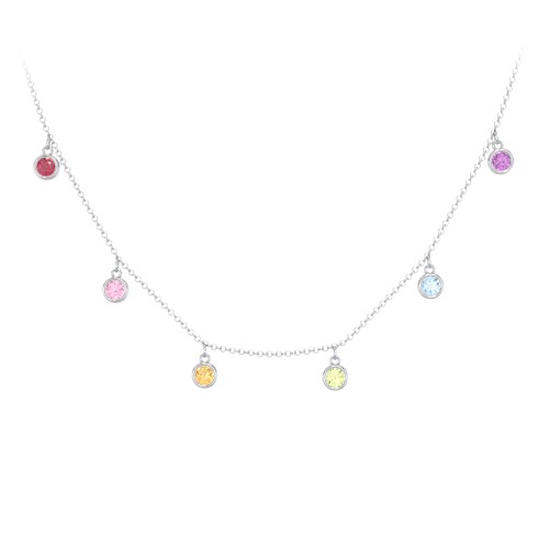 Kids Birthstone Charm Necklace with 6 Stones – Sterling Silver with Ruby, Pink Tourmaline, Citrine, Peridot, Blue Topaz, and Amethyst