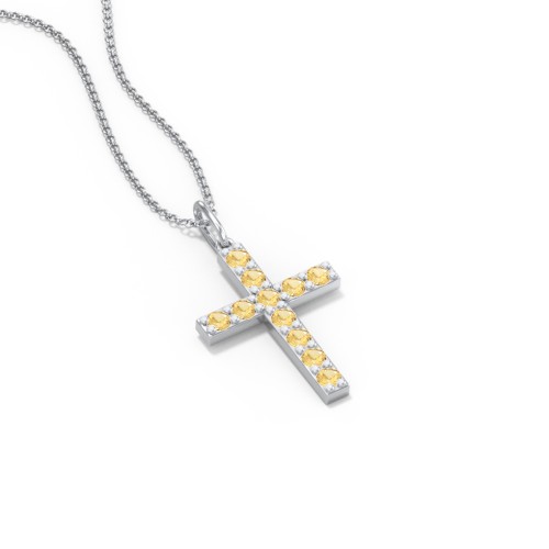 Kids Medium Gemstone Cross Pendant – Sterling Silver with Citrine