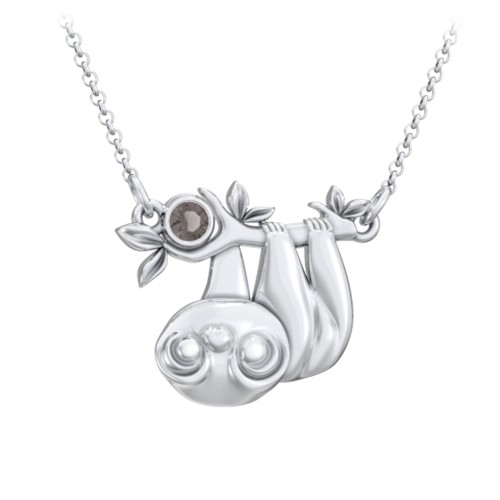 Kids Sloth Birthstone Critter Necklace – Sterling Silver with Smokey Quartz