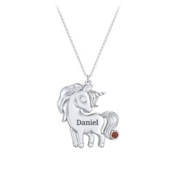 Kids Engravable Unicorn Birthstone Pendant Necklace in 925 Sterling Silver with Garnet