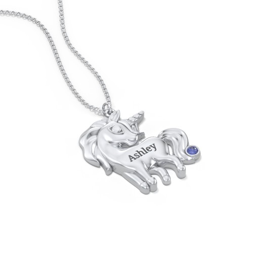 Kids Engravable Unicorn Birthstone Pendant Necklace – Sterling Silver with Blue Sapphire