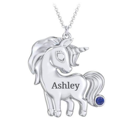 Kids Engravable Unicorn Birthstone Pendant Necklace – Sterling Silver with Blue Sapphire