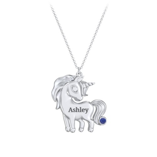 Kids Engravable Unicorn Birthstone Pendant Necklace – Sterling Silver with Blue Sapphire
