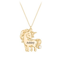 Kids Engravable Unicorn Birthstone Pendant Necklace in 10K Solid Yellow Gold with Diamond