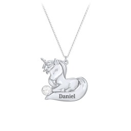 Kids Engravable Sitting Unicorn Birthstone Necklace