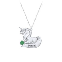 Kids Engravable Sitting Unicorn Birthstone Necklace in 925 Sterling Silver with Emerald