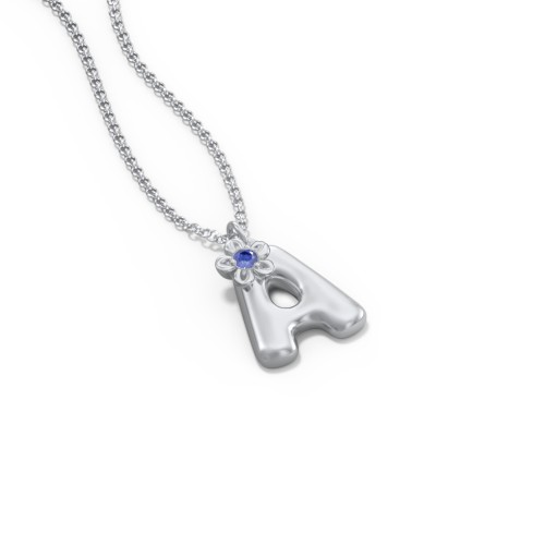 Kids Bubble Initial Necklace With Birthstone Flower – Sterling Silver with Blue Sapphire