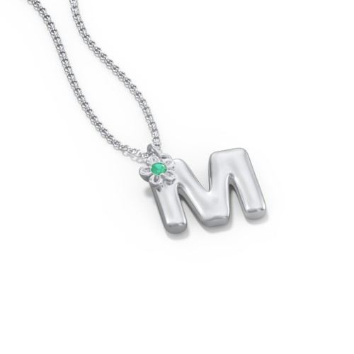 Kids Bubble Initial Necklace With Birthstone Flower – Sterling Silver with Emerald
