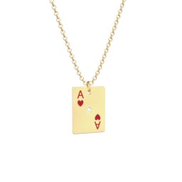Ace of Hearts Playing Card Charm Necklace in 10K Solid Yellow Gold with Cubic Zirconia