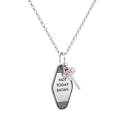 Not Today Satan Engravable Retro Keychain Charm Necklace with Accent - Black
