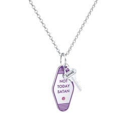 Not Today Satan Engravable Retro Keychain Charm Necklace with Accent - Purple