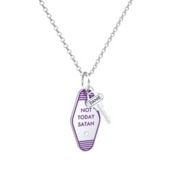 Not Today Satan Engravable Retro Keychain Charm Necklace with Accent - Purple