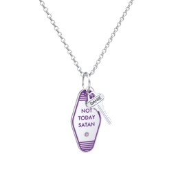 Not Today Satan Engravable Retro Keychain Charm Necklace with Accent - Purple in 925 Sterling Silver with Alexandrite