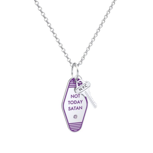 Not Today Satan Engravable Retro Keychain Charm Necklace with Accent - Purple – Sterling Silver with Alexandrite