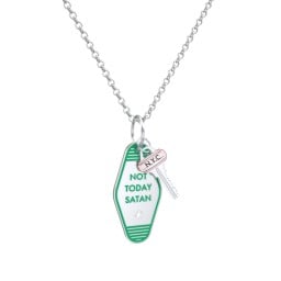 Not Today Satan Engravable Retro Keychain Charm Necklace with Accent - Green