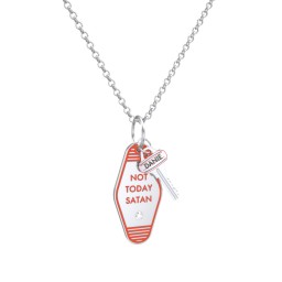 Not Today Satan Engravable Retro Keychain Charm Necklace with Accent - Orange