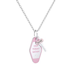 Not Today Satan Engravable Retro Keychain Charm Necklace with Accent - Pink
