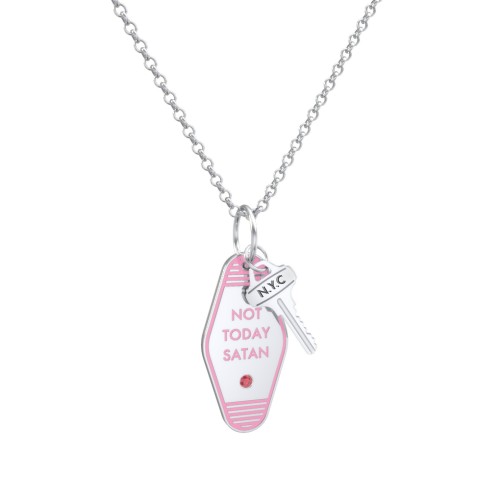 Not Today Satan Engravable Retro Keychain Charm Necklace with Accent - Pink