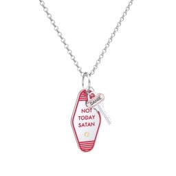 Not Today Satan Engravable Retro Keychain Charm Necklace with Accent - Red
