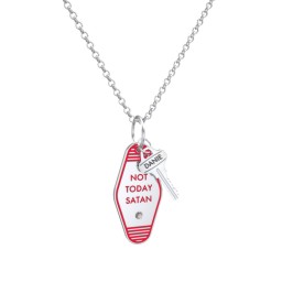 Not Today Satan Engravable Retro Keychain Charm Necklace with Accent - Red in 925 Sterling Silver with Smokey Quartz